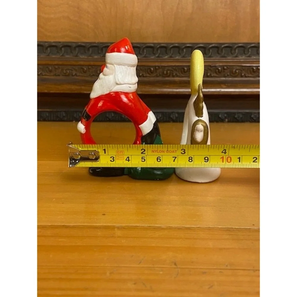 Vintage Hand Painted Ceramic Christmas Napkin Rings Santa Claus and Angel Set 2